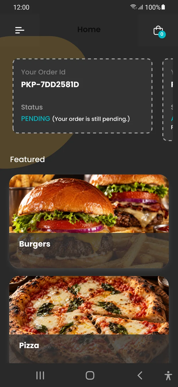 Pikupo customer app home screen showing the restaurant menu