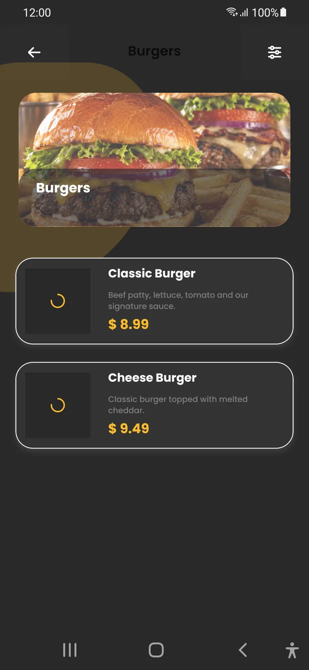 Customer app home screen with the restaurant's menu categories